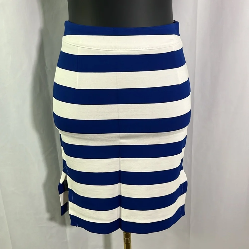 NWT Banana Republic Royal Blue & White Striped Ponte Knit Side Slit Pencil Skirt - Picture 2 of 16